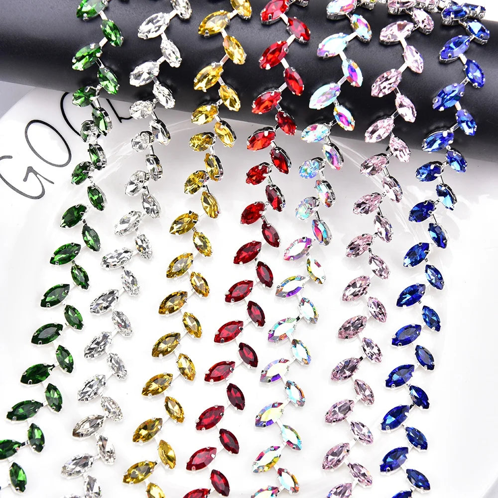Colored Horse Eye Glass Crystal Trim Silver Leaf Rhinestone Chain Applique Diy Clothing Jewelry Necklace Making Accessories
