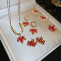 Wholesale Real Gold Plated Pearl Zircon Red Maple Leaf Necklace Double-layer Ear Buckle Earrings Zircon Gold  Necklace for Women