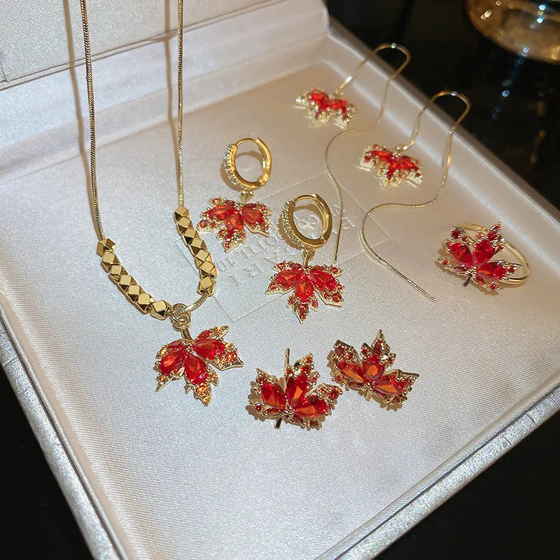 Wholesale Real Gold Plated Pearl Zircon Red Maple Leaf Necklace Double-layer Ear Buckle Earrings Zircon Gold  Necklace for Women