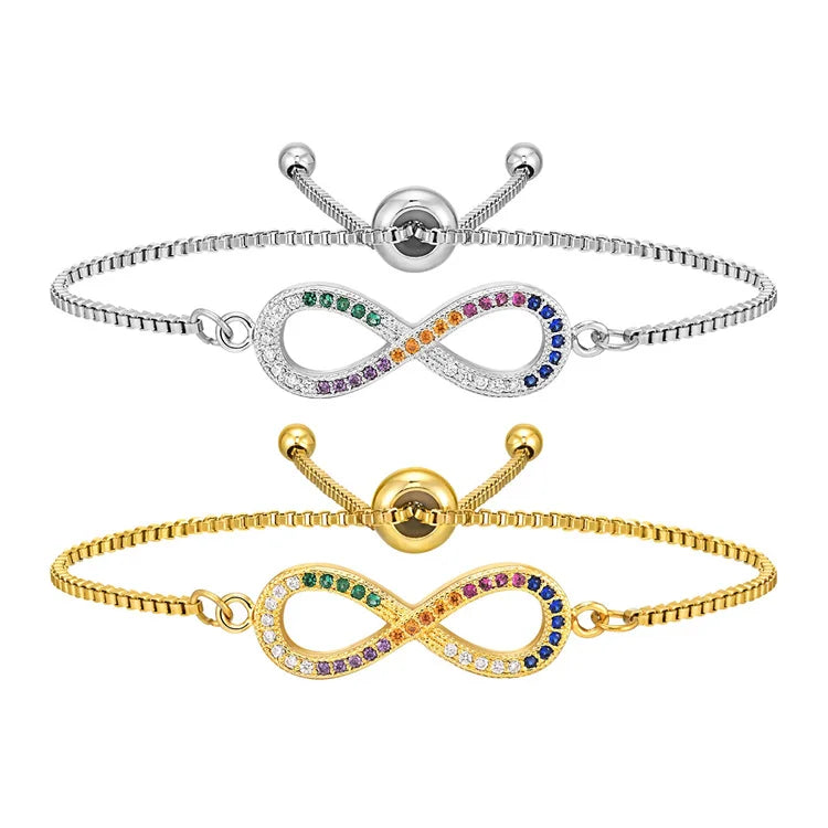 Dainty Personalized Jewelry Stainless Steel Bracelets Box Chain Adjustable Coloful Zircon Infinity Bracelets