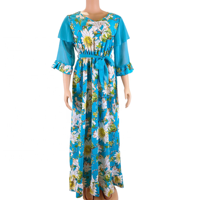 Ruffles Draped Party Dress Robe Casual V-neck Summer Beach Maxi Dress Women Floral Print Boho Long Chiffon Dress