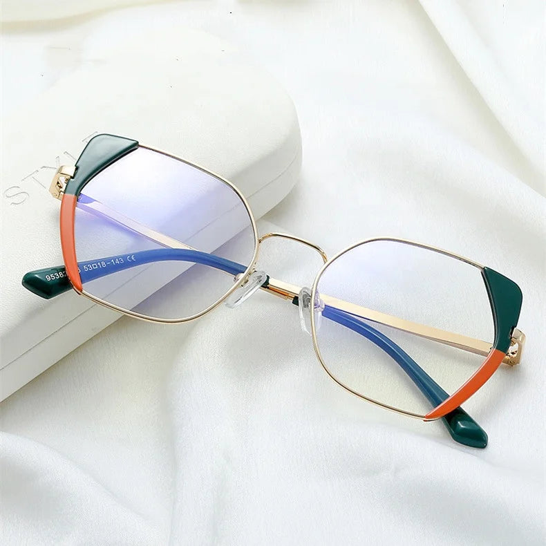 Jiuling Eyewear Custom logo Low Moq Plain Spectacles Female Double Color Frame New Trendy Big Cat Eye Metal Frame Eye Glasses