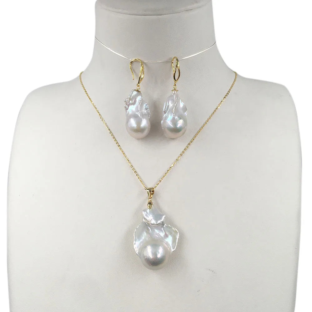 Fashion 925 Silver Jewelry Set Big Baroque Freshwater Pearl100% Natural Pearl Baroque AAA Good Luster No Repaired