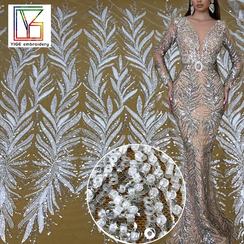 New Design Luxury White French Shining 3d Beaded Embroidery Bridal Lace With Crystal Sequins Lace Dress Fabric