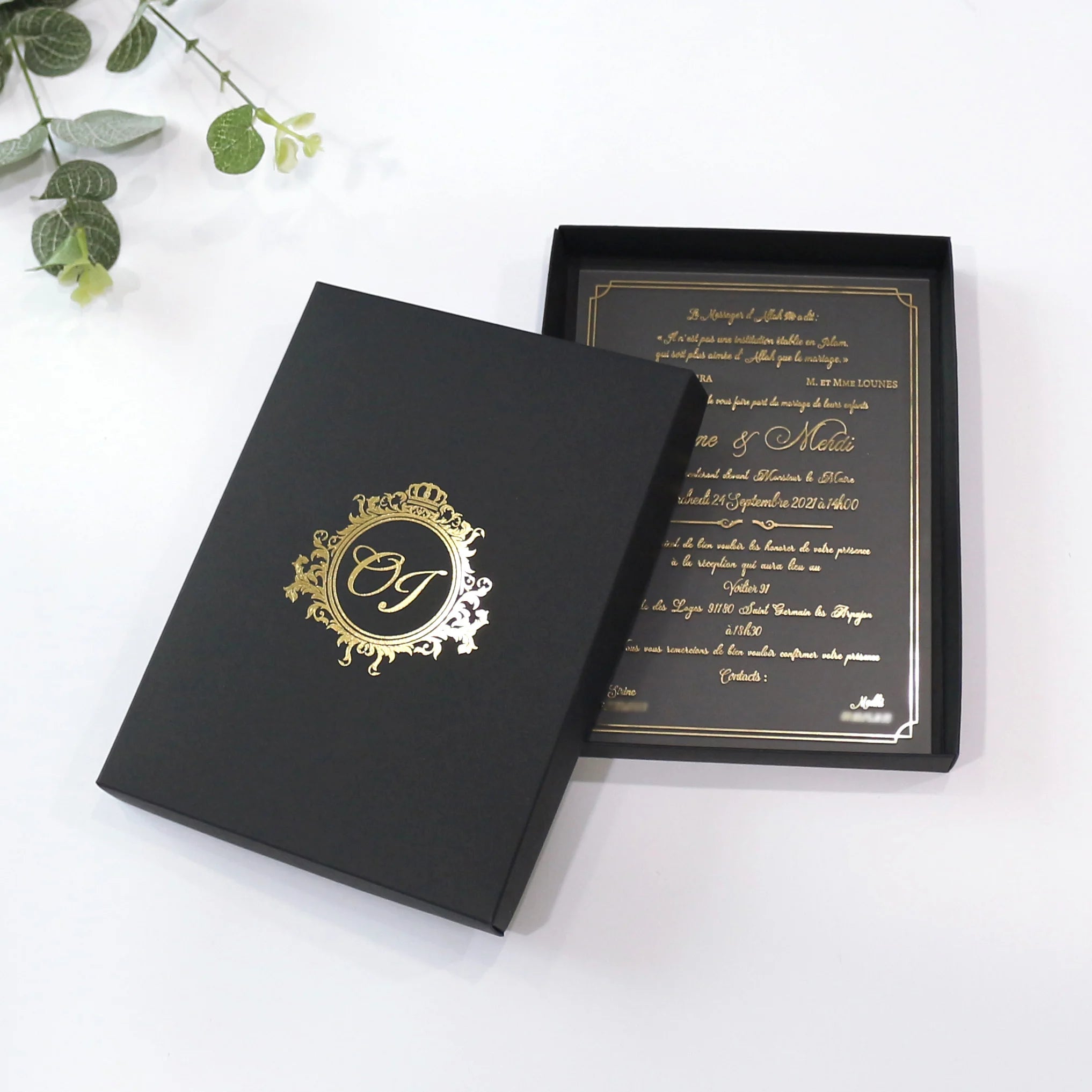 Clear Acrylic Wedding Invitations with Gold Foil Luxury Handmade RSVP Cards Music Animal & Angel Styles Handmade Paper Boxes