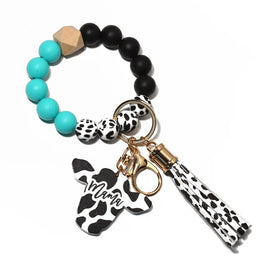 Cow Print Rubber Wristlet Beaded Carabiner Keychain with Tassel and Cow Tag Digital Printing for Mother's Day Gift