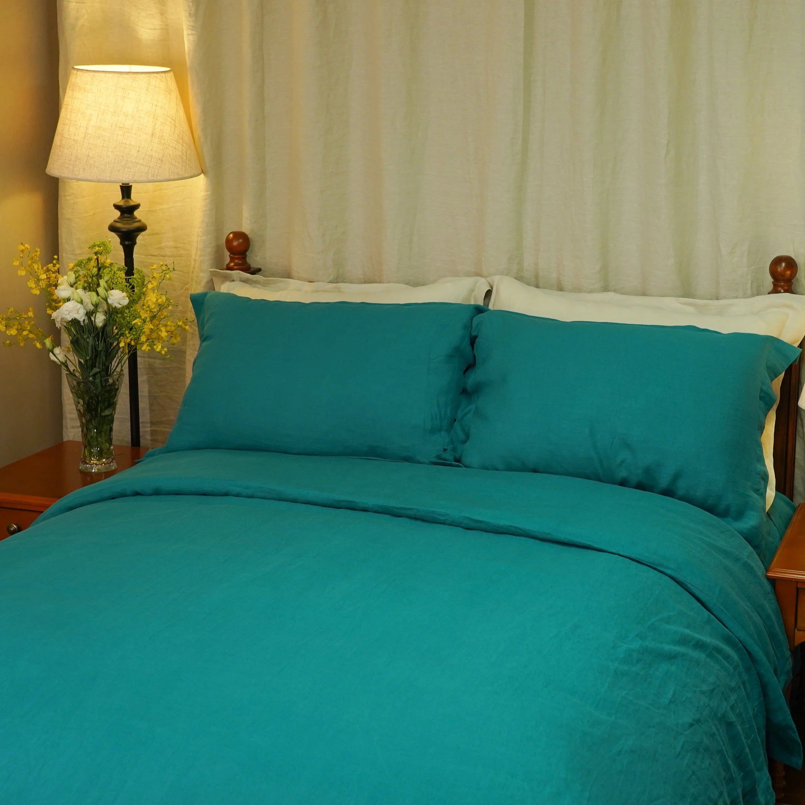 4pcs Teal Color RTS 100% Eco-friendly French Flax Linen Luxury and Breathable Bedding Set King Size Duvet Cover Flat Sheet Set