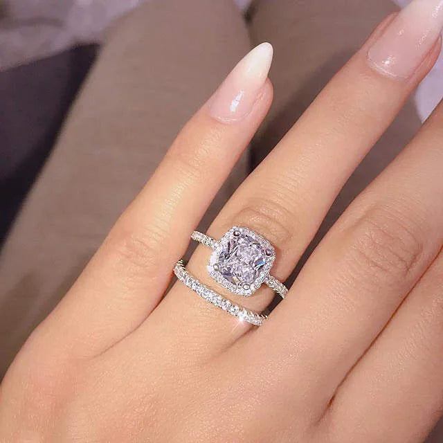 New Design Fashion Zircon Crystal Rings Womens Silver Color Wedding Promise Ring Set Lover Jewelry
