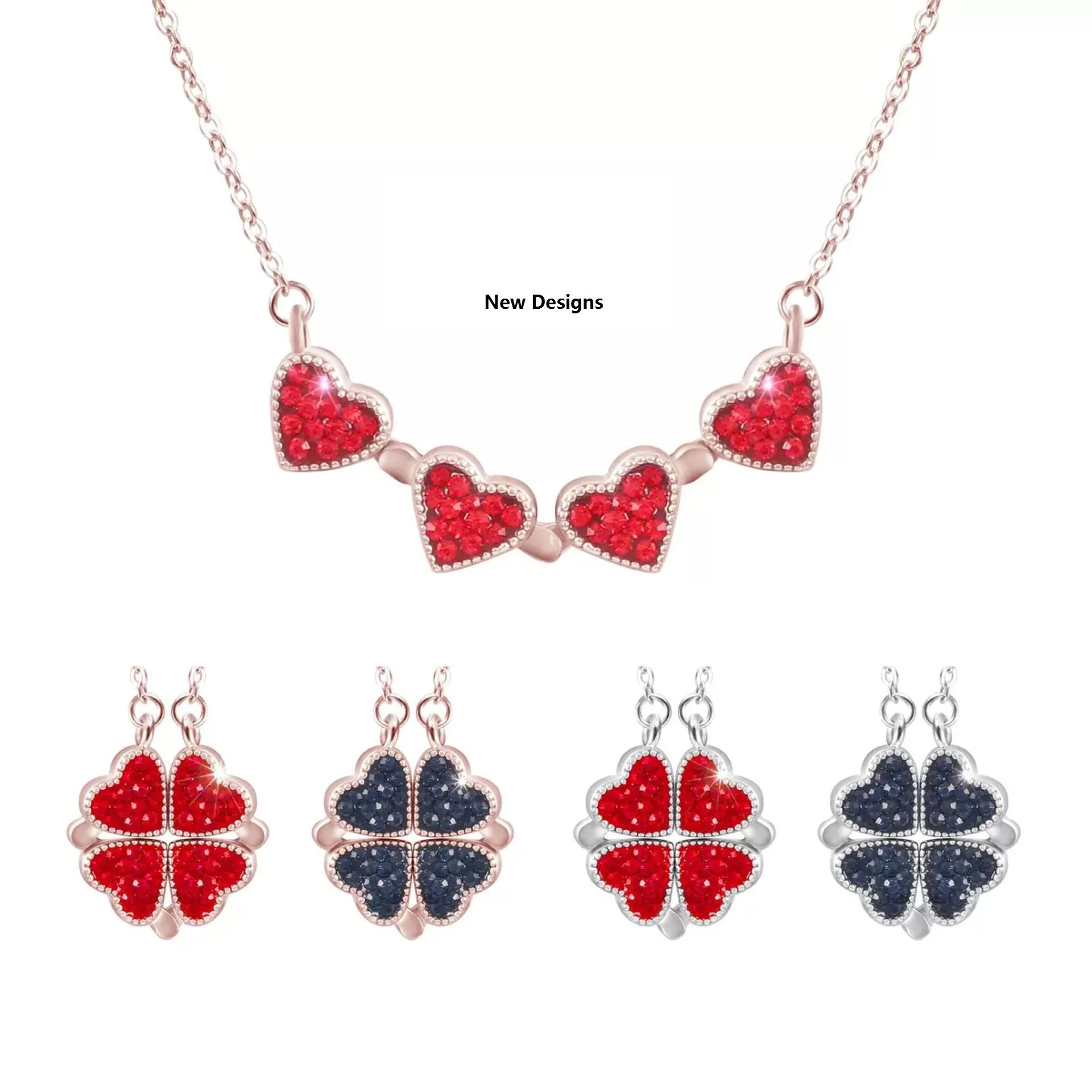 Fatingna Popular Four Leaf Clover Heart Shaped Two Ways Wearing Charm Necklace Ice Out Cubic Zircon Magnetic Pendant Necklace
