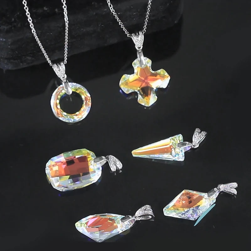 RINNTIN SWN Zircon Crystal Pendant 925 Sterling Silver Necklace for Women Irregular Gemstone Natural Rainbow Crystal Necklace
