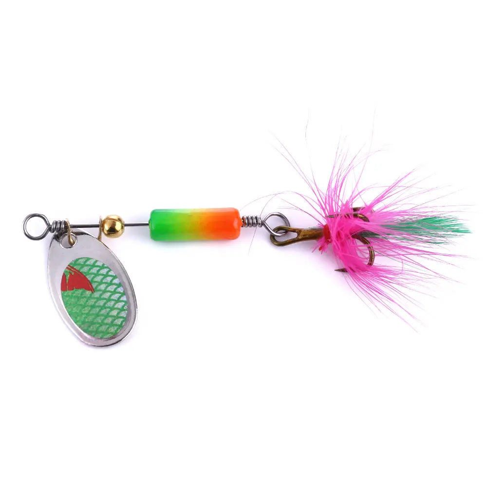 Wholesale SP057 6.3cm 3.5g Metal Spinner Baits Rotating Sequin Spoon Fishing Lures with Feather Treble Hook