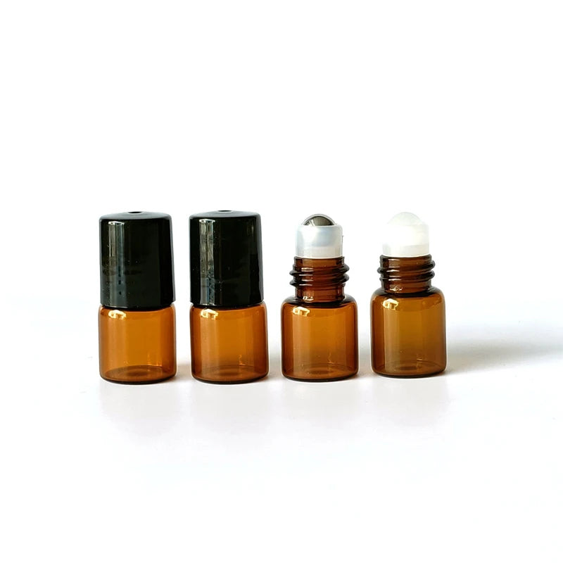 1ml Amber Dark Brown Sample Roll on Metal Roller Glass Bottle with Black Plastic Cap