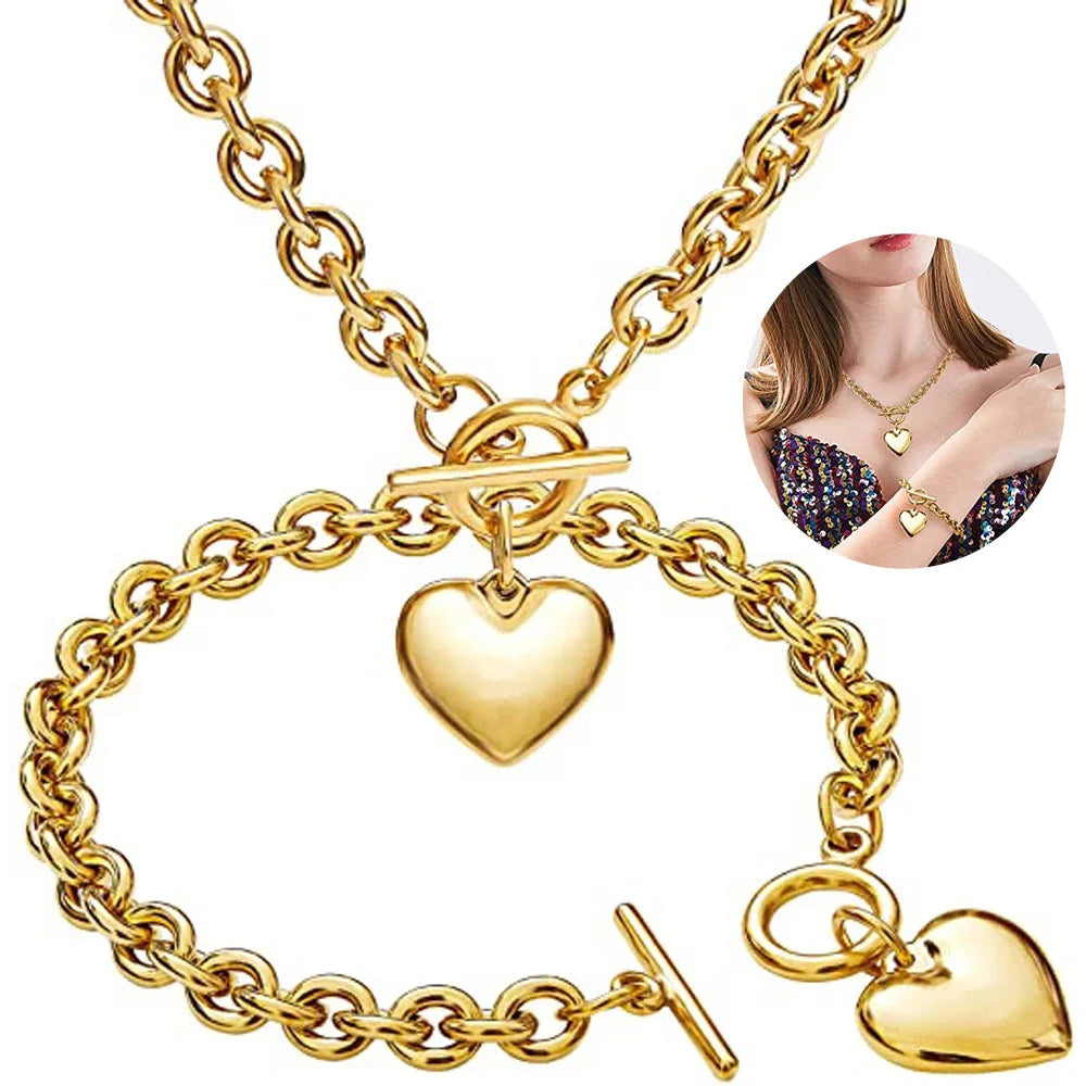 Women Hear Necklace Set Stainless Steel Engagement Jewelry Love Heart Necklace and Bracelet Jewelry Set