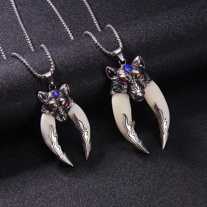 Viking Double Wolf Tooth Stainless Steel Necklace Exaggerate Personality Animal Shape Wolf Head Pendant Necklace for Men