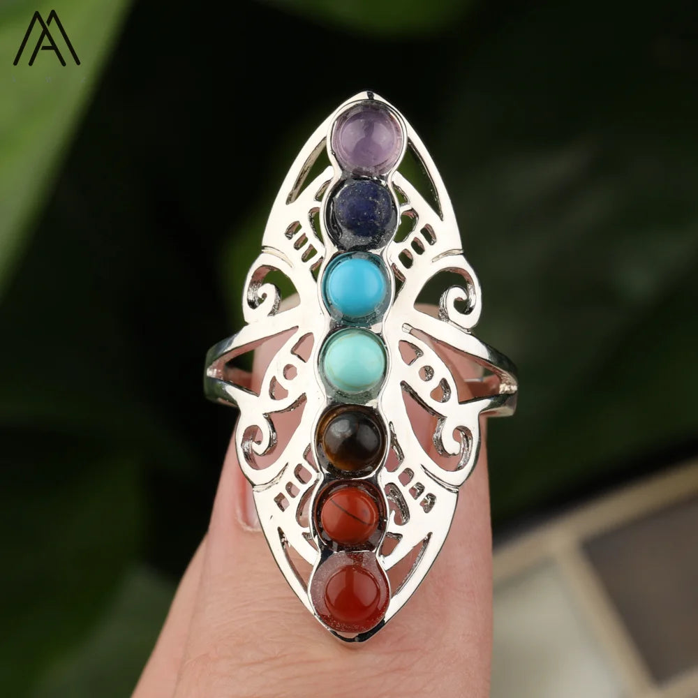 2022 Silver Ring Summer Jewelry  7 Chakra Heal Crystal Stone Beads Bands Rings  Anniversary Gift