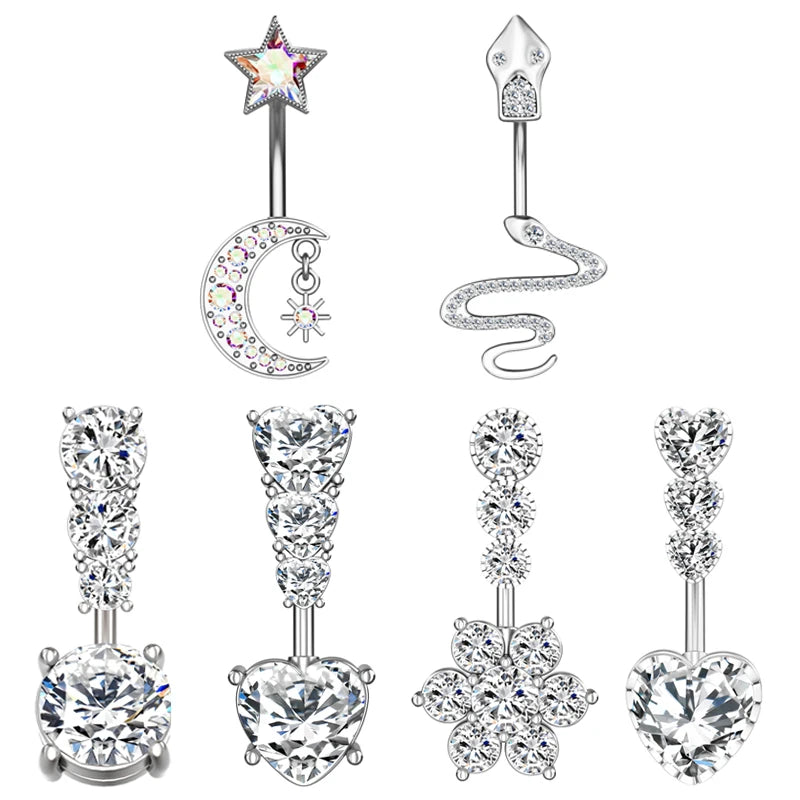 Set of 10 Stainless Steel Snake Navel Rings Claw-Set Moon Heart-Shaped Zircon Cute Style Body Jewelry for Women's Party Wedding