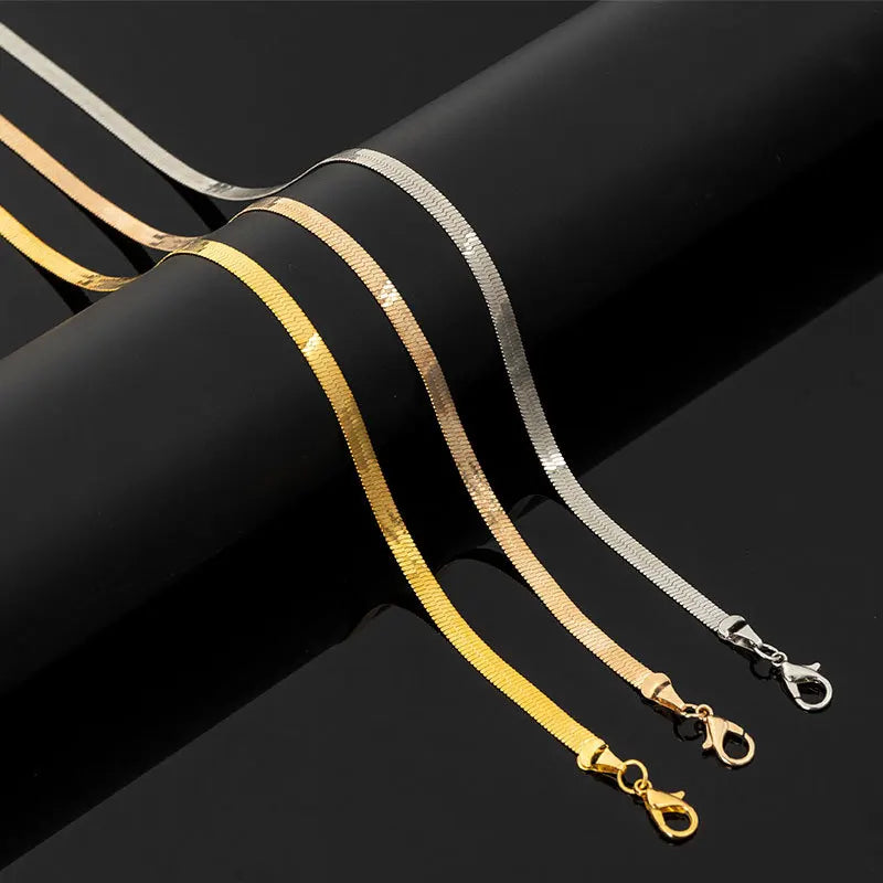 Trendy Gold-Painted 3mm 4mm Herringbone Snake Flat Chain Necklace Fashionable Stainless Steel Jewelry for Gift
