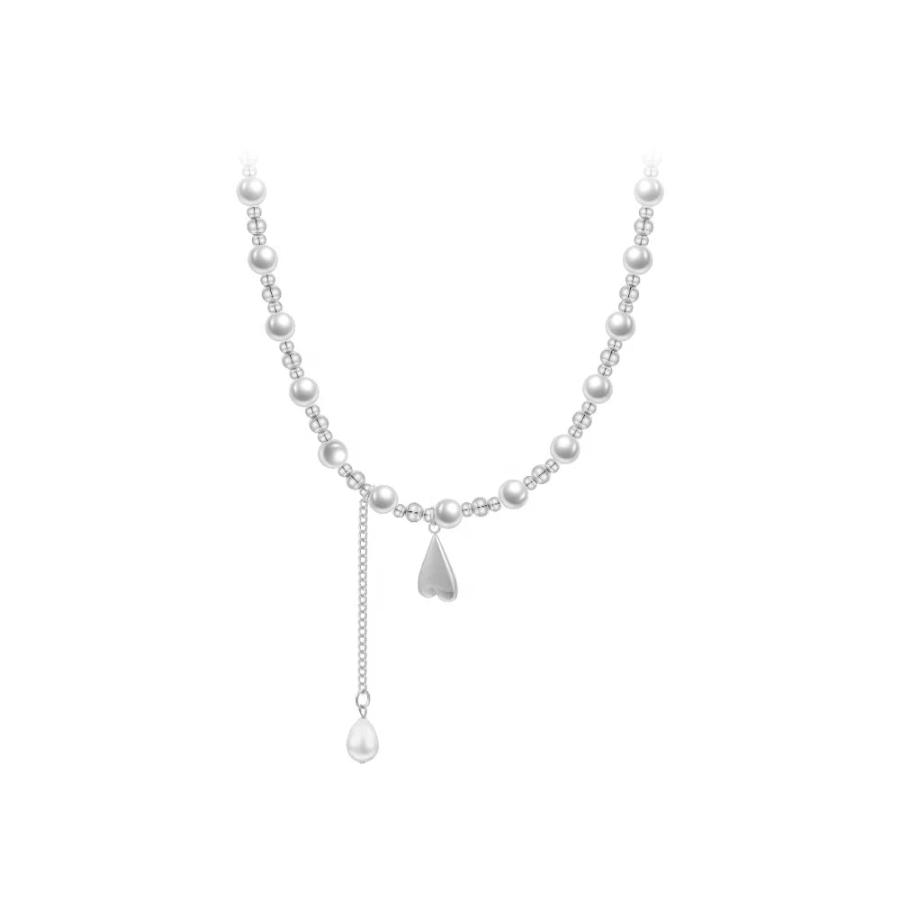 Latest High Polished Stainless Steel Jewelry Steel Beads Pearl Chain Heart Tassel Pendant Trendy for Women Necklace P233403
