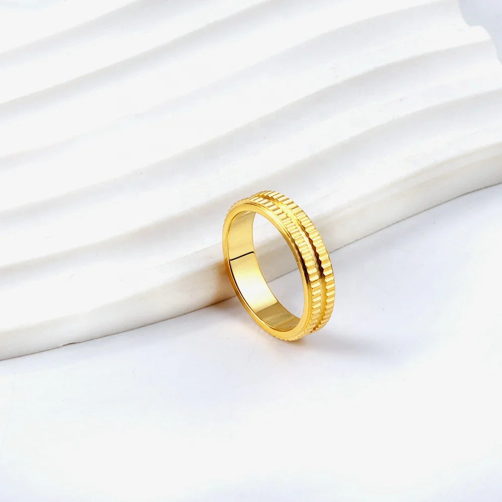 Stainless Steel Wave Wheel Bumpy Double Design Gear Texture Ring Dongguan Factory Wholesale Custom Gold Plated Jewelry Ring