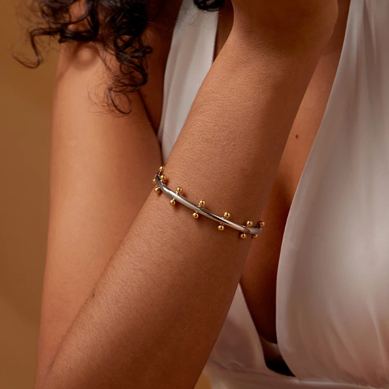 Wholesale Fashion Double Layer Mini Ball Beads Linear Cuff Bracelet Elegant Silver Gold Plated Color Block Bangles Jewelry Women