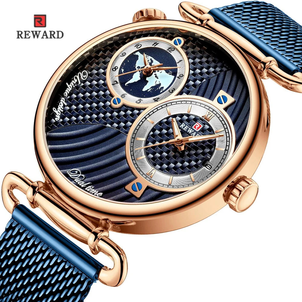 REWARD RD62002M New Luxury Mesh Belt Men Watch Analog Dual Dial Wristwatch Quality Casual Quartz Watch Relogio Masculino