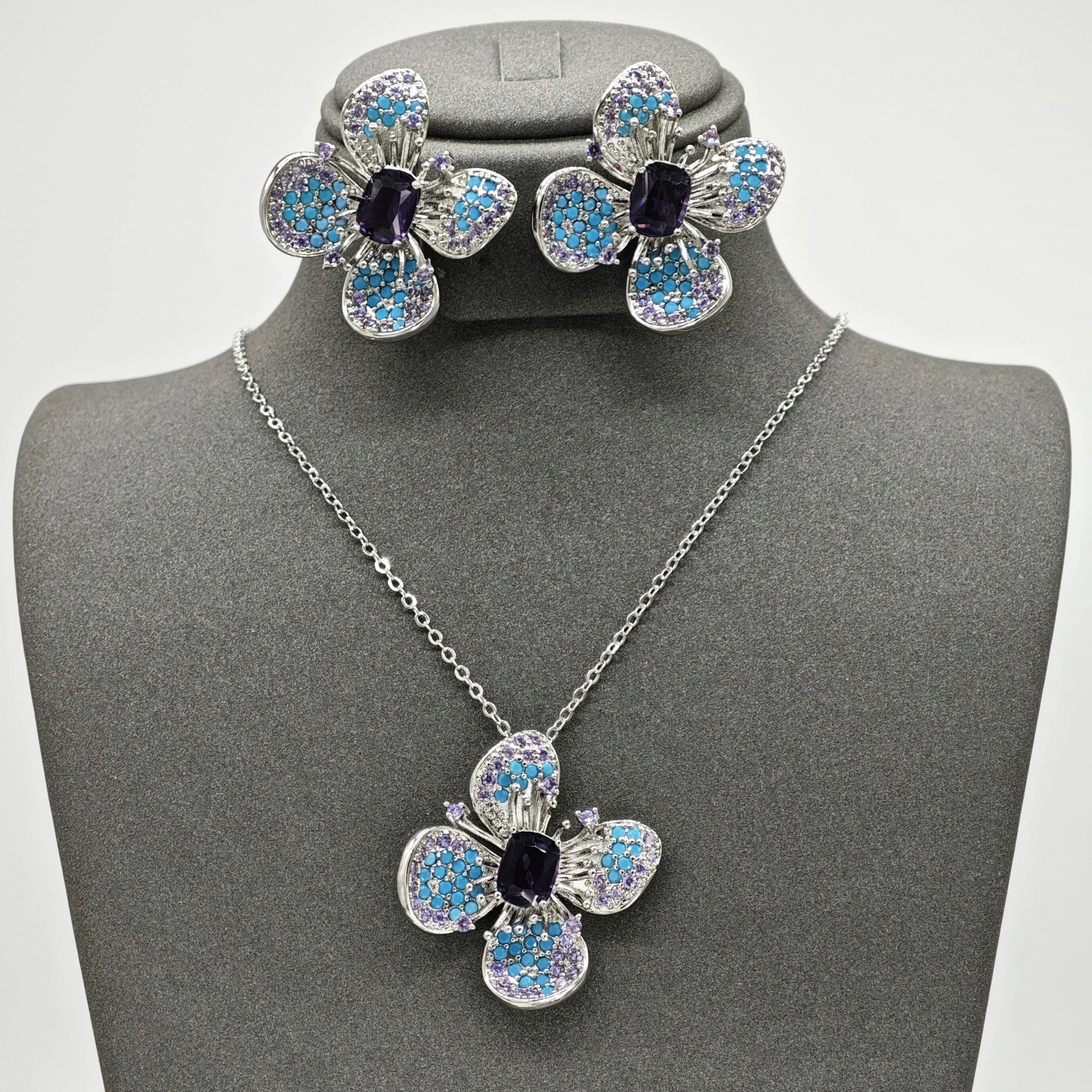 Copper & 18K Gold Plated Sapphire Flower Women's Jewelry Set Zircon Necklace & Earrings for Wedding Parties or Gifts