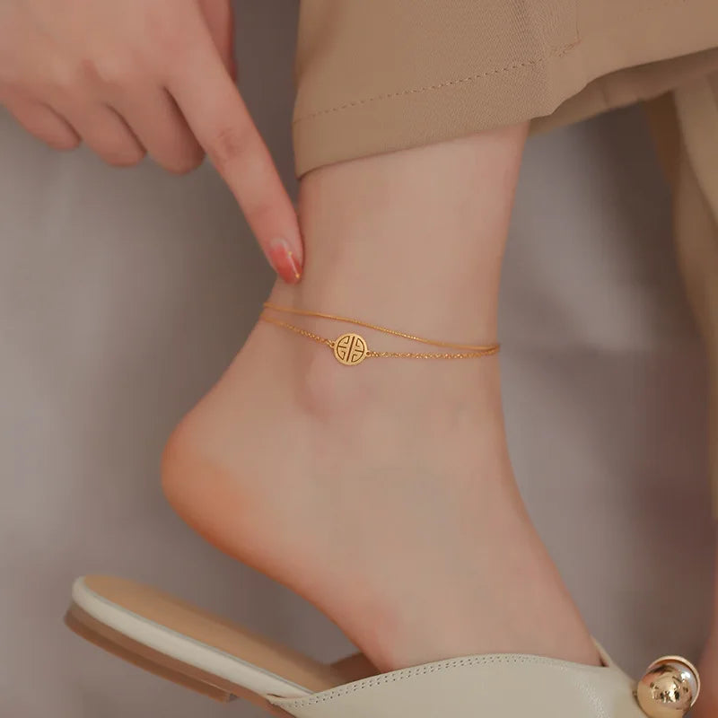 Tarnish Free 316L Stainless Steel Ladies China Anklet Lucky 18K Gold Plated Lik Chain Anklet