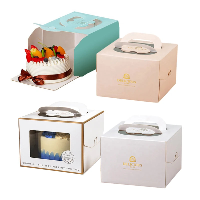 Eco Friendly Low MOQ Wholesale Paper Cake Box with Handle Birthday Cake Packaging Box with Window