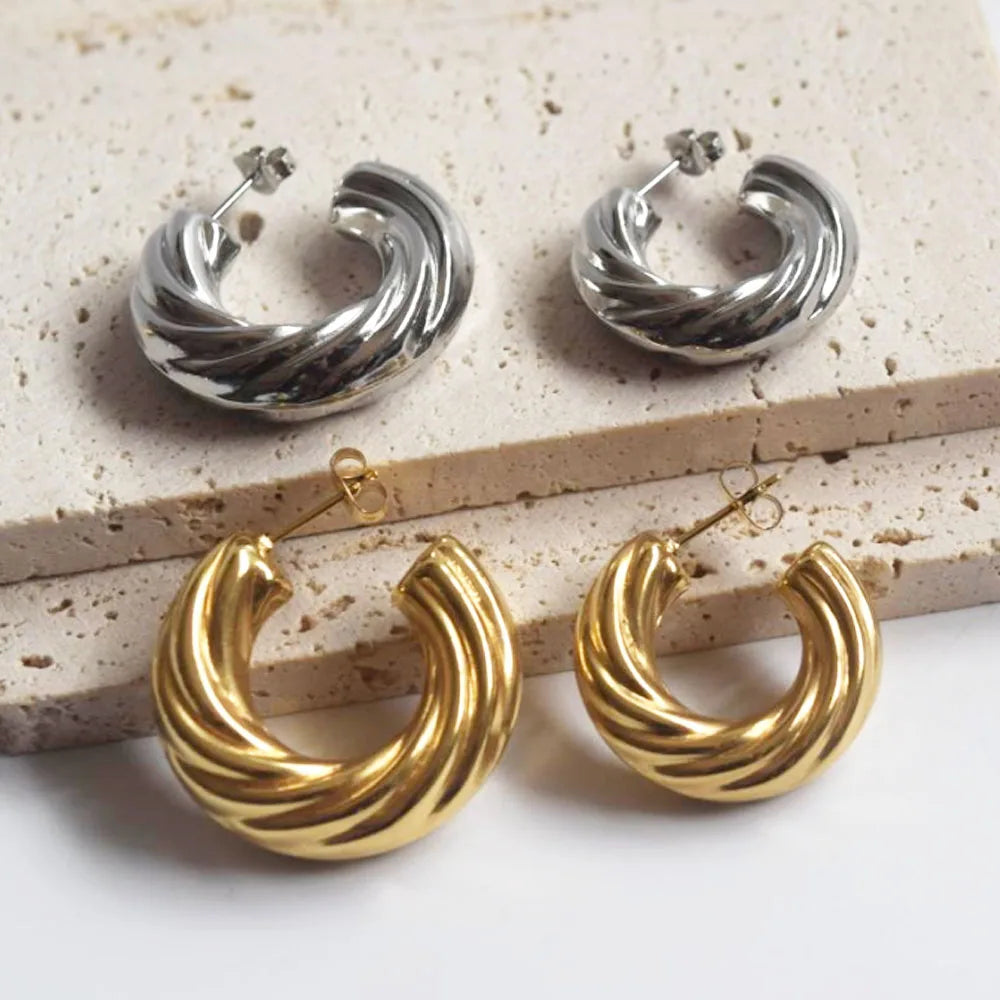 Stainless Steel 316 Gold Plated Non Tarnish Waterproof Fat Chunky Twisted c Shape Hoop Earring Women Earrings Jewelry