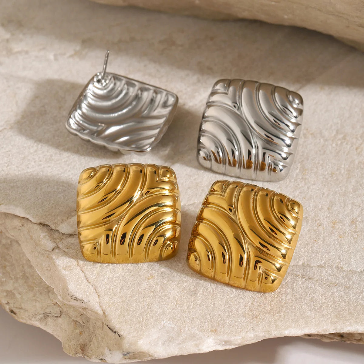New Tarnish Free 18K PVD Gold and Silver Stainless Steel Earring Square Shell Line Texture Earrings for Women