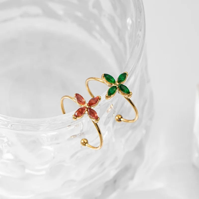 New Fashion Jewelry Classic Design Open Stainless Steel Gold Plated Clover Zircon Women Adjustable Engagement Ring