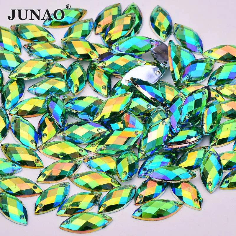 JUNAO 7*15mm AB Crystal Rhinestones With Hole 2000pcs Sewing Acrylic Stones Bulk Horse Eye Flatback Rhinestones for Dress