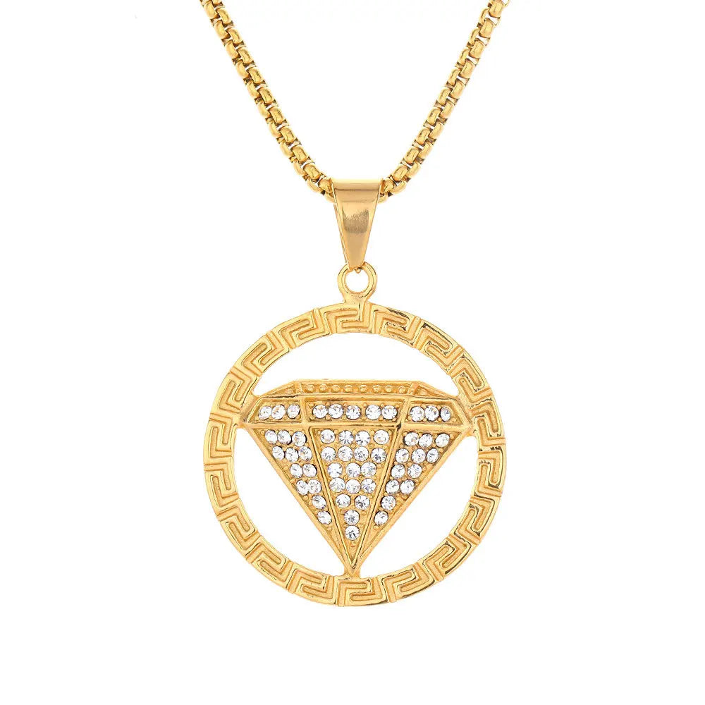 Hip Hop Men's Diamond Shape Pendant Gold Plating Stainless Steel Charm Chain Necklace With Shiny Zircon