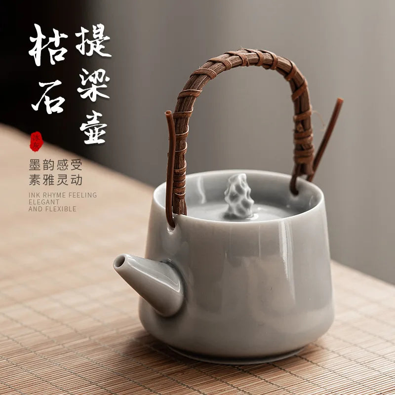 Japanese Style Ice Gray Glaze Dried Stone Loop-handled Pot Small Ceramic Teapot Single Teapot Kung Fu Tea Set Tea Making Device