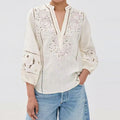 2026 Custom Spring Women Floral Cutouts White 100% Cotton Linen 3/4 Sleeve Loose Blouses Top Elegant Embroidery Casual Shirts