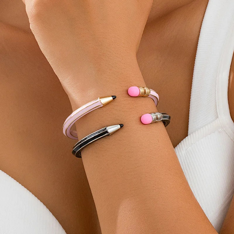 Back to School - Black and pink Lightweight Zinc Alloy Material Cuff Bracelet Cute Pencil-Opening Design for Her Graduation Gift