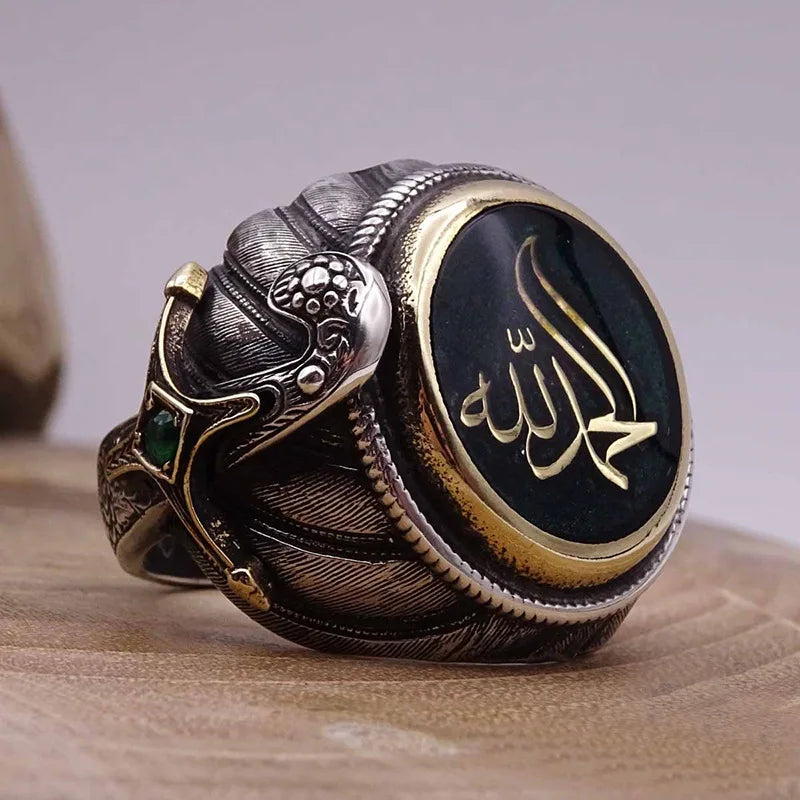 GT Vintage Saudi Star Ring for Men Trendy Hand Jewelry with Gemstone Trendy Arabic Font Rings Mainly Made of Alloy
