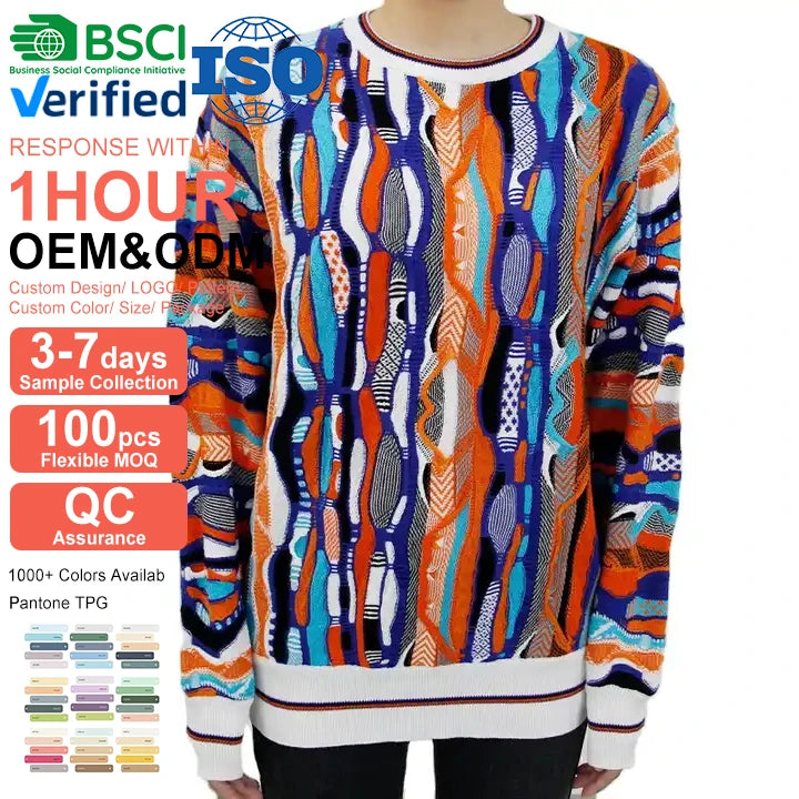 Custom Men's Crew Neck Anti-Shrink Breathable Winter Pullover Single Button Striped Stitching Sweaters