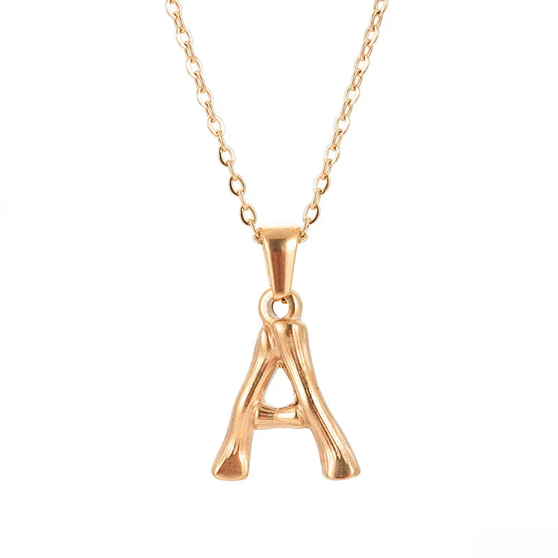 New Waterproof  Stainless Steel  PVD Gold Plated English Letter Bamboo Style Initial Necklace Women