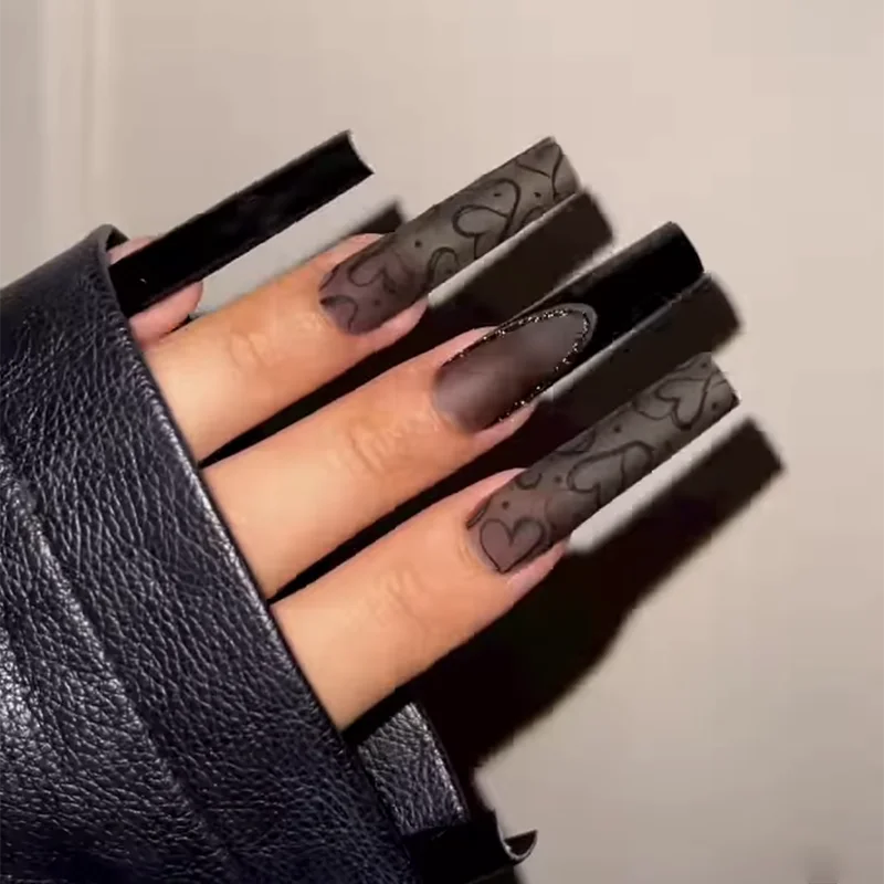 Wholesale 24Pcs Simple Black Coffin Design ABS Finger Nails Long Press-on False Nails with Nail Glue Factory Supply