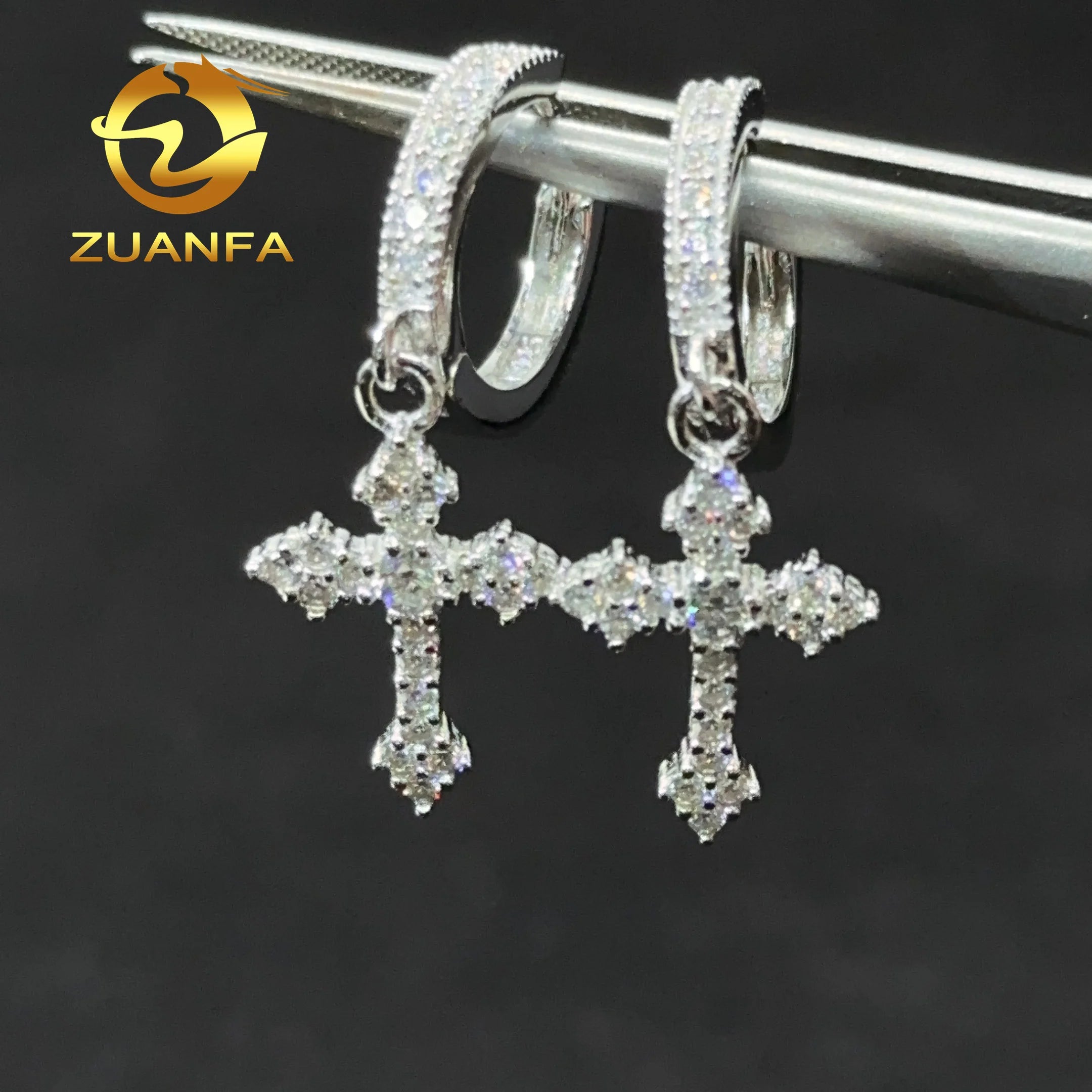 Shining Cross Hoop Earrings for Men and Women Iced Out Sterling Silver Moissanite Hiphop Earrings