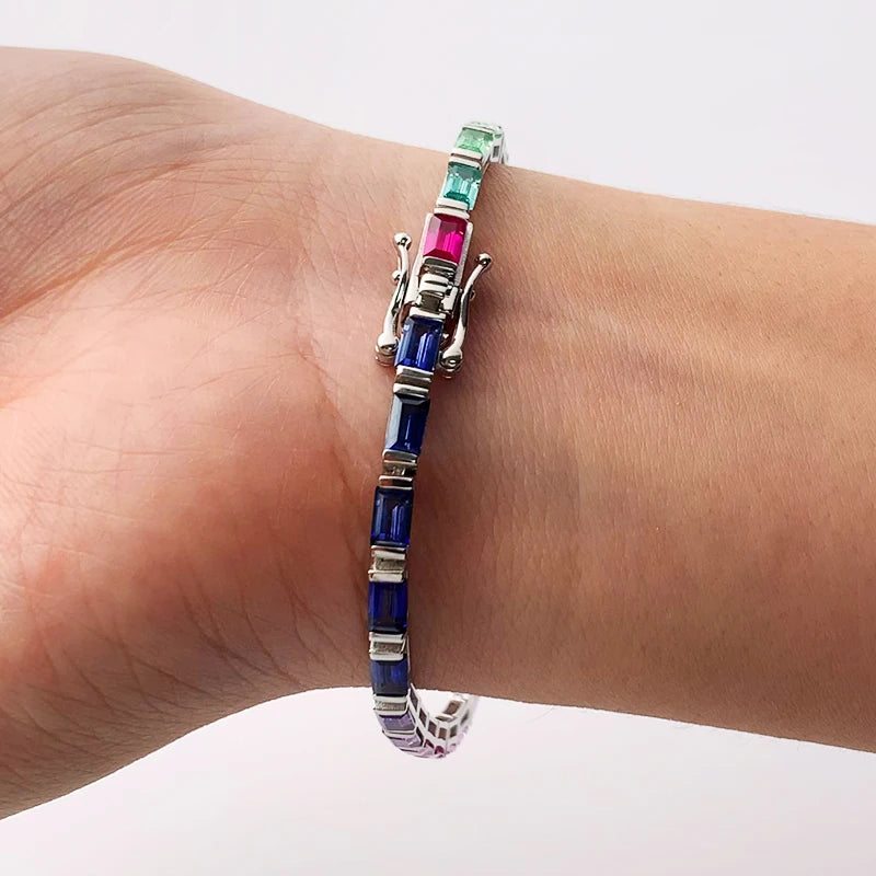 Custom Made Gold Plated 925 Silver 5*3mm Baguette Cut Lab Grown Gemstone Rainbow Sapphire Tennis Bracelet