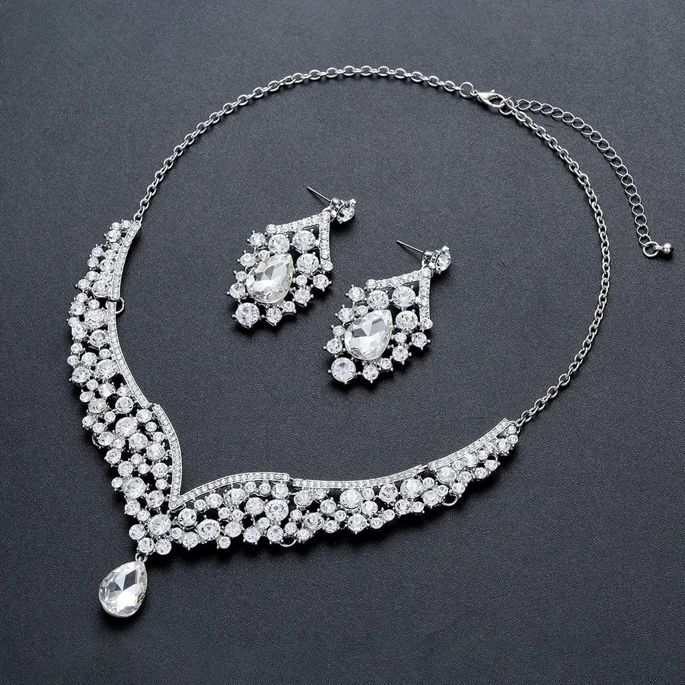 European  Exaggerated Crystal Necklace Earrings Bride Wedding Jewelry Set  Cheap Wholesale