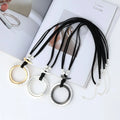 New Large Abstract  Matt Finish Hammered Alloy Double Round Pendant Long Suede Leather Necklace