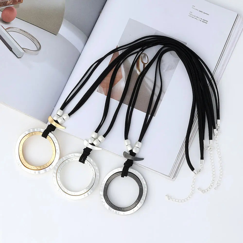 New Large Abstract  Matt Finish Hammered Alloy Double Round Pendant Long Suede Leather Necklace