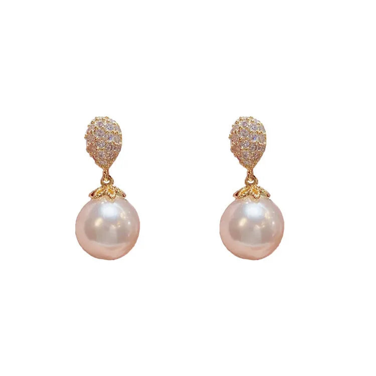 SP Elegant Fashion S925 Silver Needle Zircon Water Drop Gold Pearl Stud Earrings
