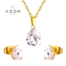 Ason Custom Design Fashion High Quality Diamond Water Drop Stud Earrings and Necklace Zirconia Women Jewelry Set for Wholesale