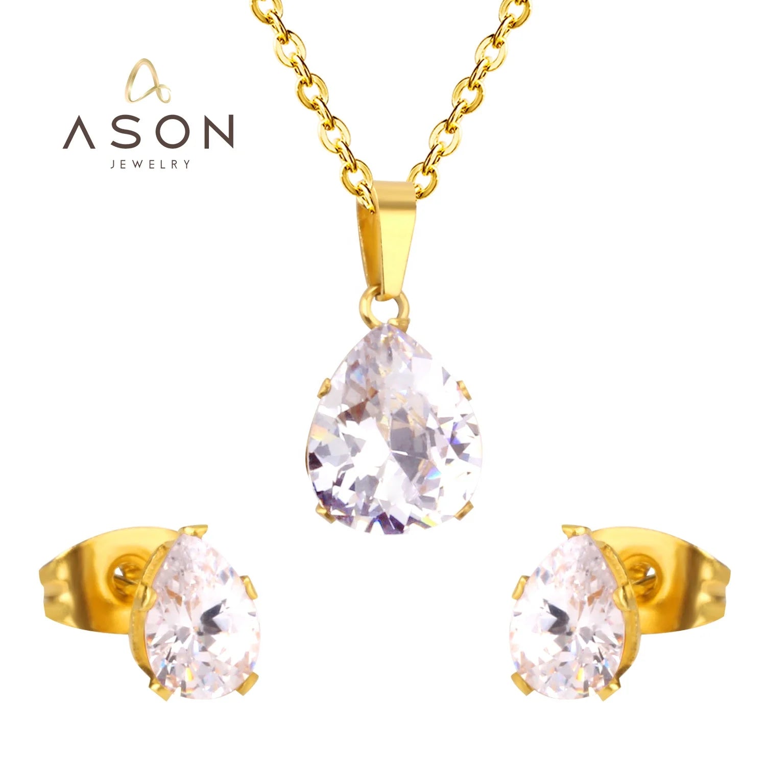 Ason Custom Design Fashion High Quality Diamond Water Drop Stud Earrings and Necklace Zirconia Women Jewelry Set for Wholesale