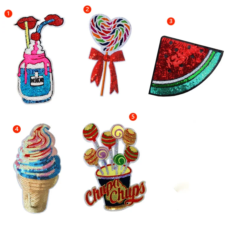 Factory Sale Kawaii  Big Size Embroidery Iron on Watermelon  Ice Cream Drinks Lollipop Sequin Patch for Tshirt Hoodies