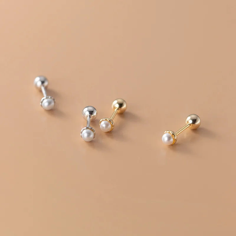 Real 925 Sterling Silver Freshwater Pearl Screw Stud Earring for Women Wedding Party Mini Minimalist Jewelry